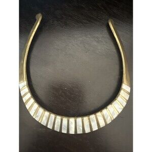Vintage brass mother of pearl inlay choker necklace 1970s